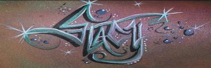 A close up of the word " shart " written in graffiti.