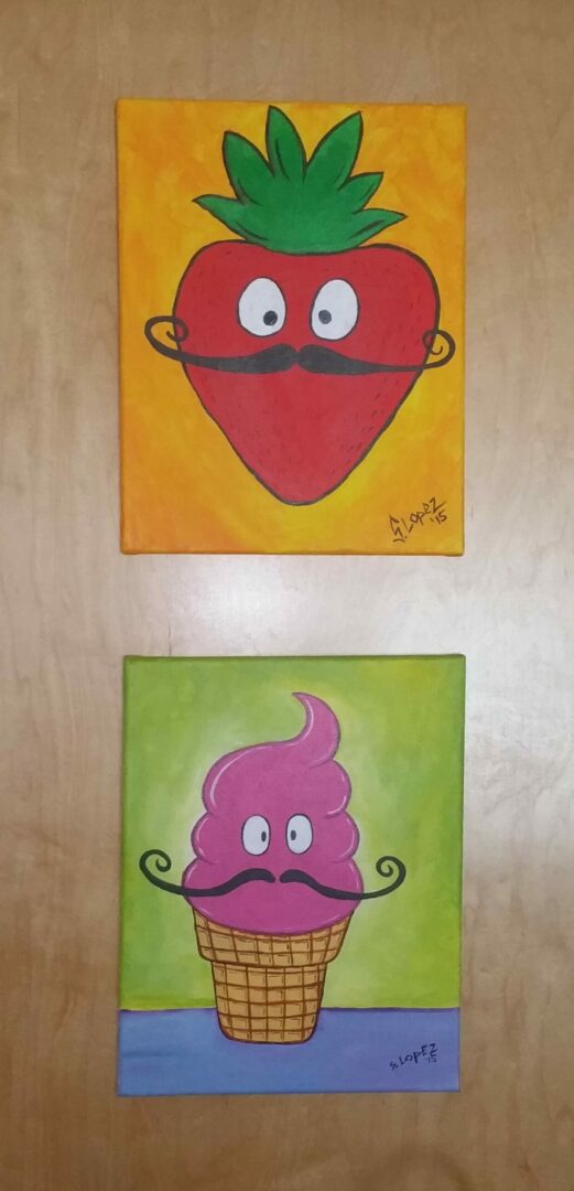 Two paintings of a mustache and a strawberry.