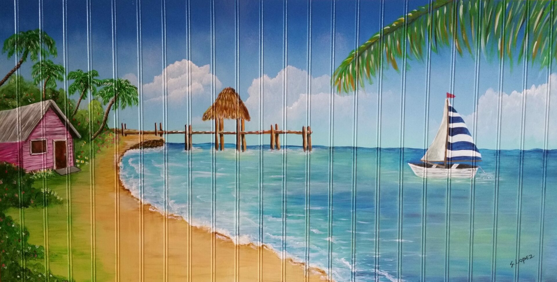 A painting of the ocean and pier with palm trees.