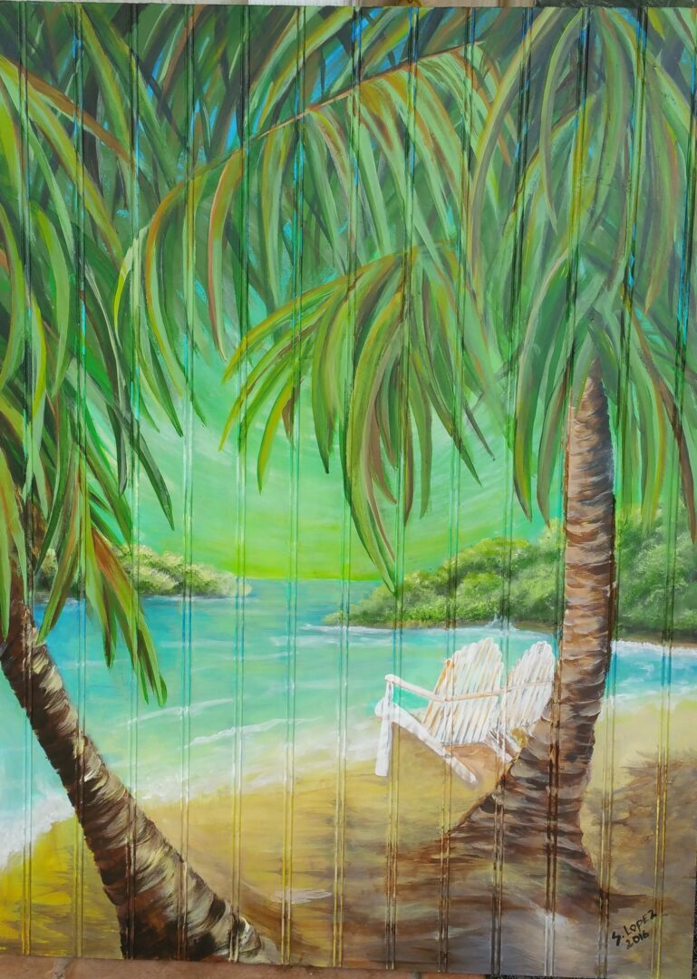 A painting of two palm trees and a beach