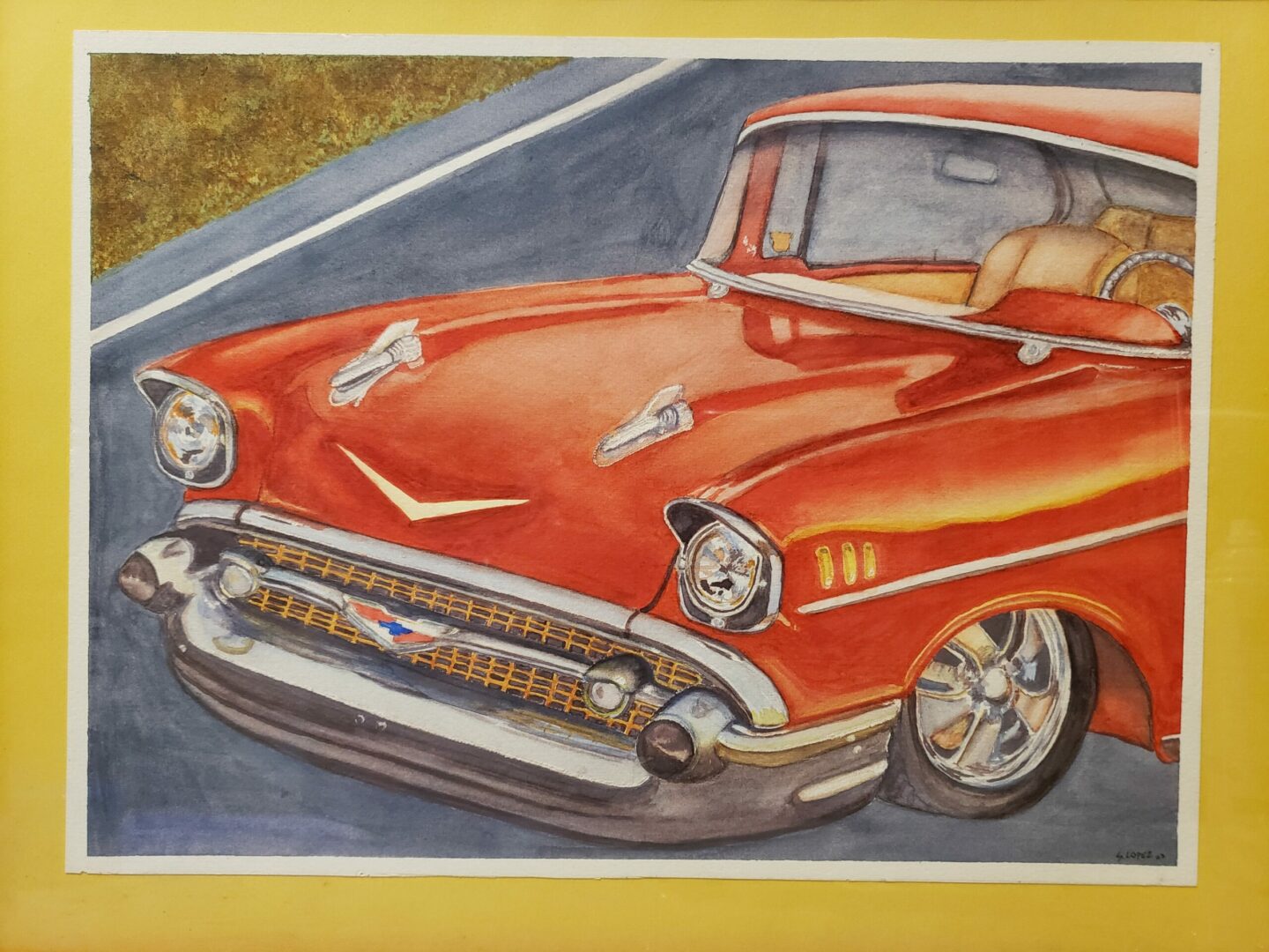 A painting of an old red car on the side of the road.