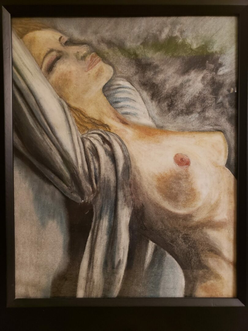 A painting of a naked woman with her head hanging down.