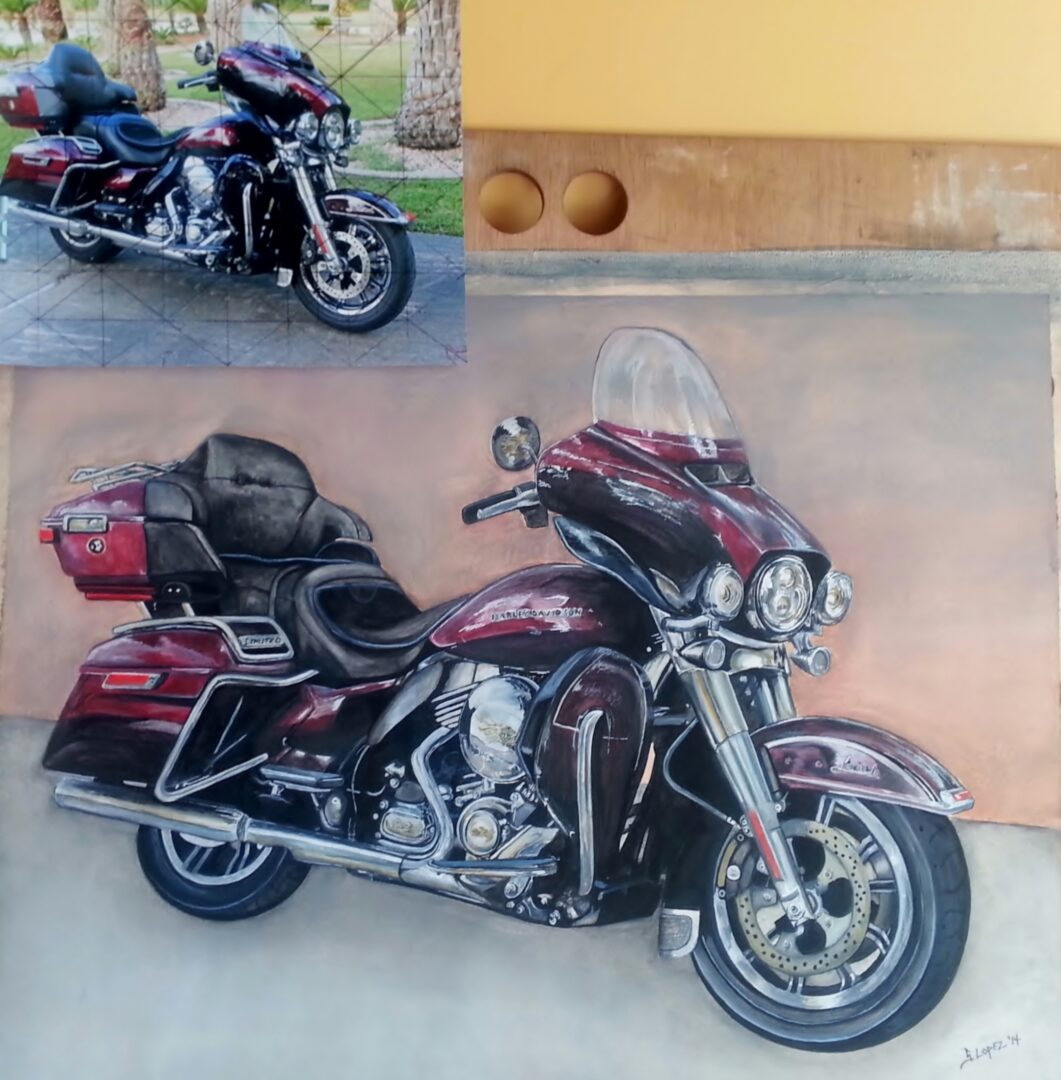 A painting of a motorcycle parked on the sidewalk.