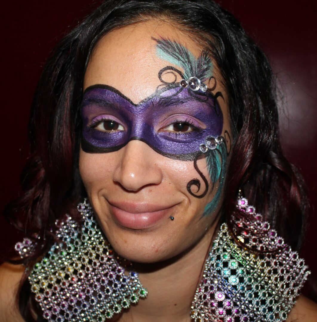 A woman with a mask on her face.